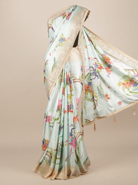 

Pothys Green & Blue Satin Floral Printed Saree