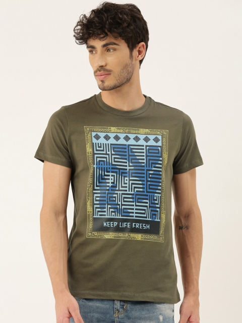 

QUANCIOUS Men Olive Green Printed Round Neck Sustainable T-shirt