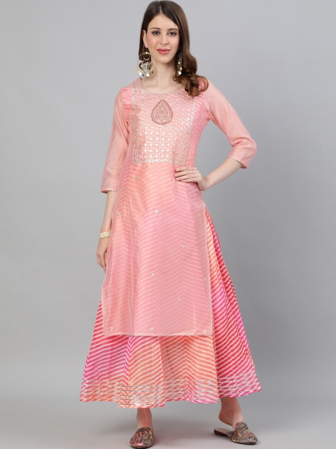 

Ishin Women Peach-Coloured Geometric Printed Sequins Chanderi Silk Anarkali Kurta