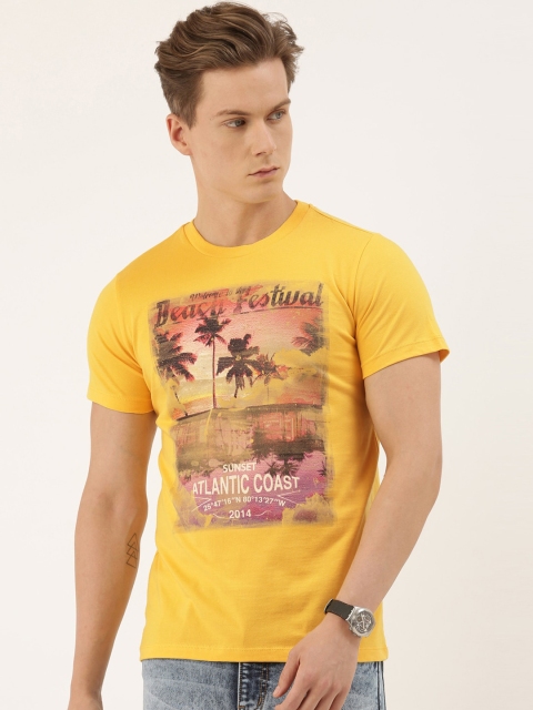 

QUANCIOUS Men Mustard Printed Organic Cotton Round Neck T-shirt
