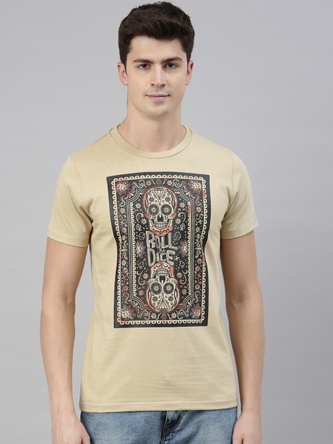 

QUANCIOUS Men Beige & Black Printed Round Neck Organic Cotton Sustainable T-shirt