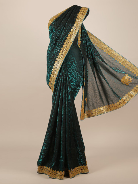 

Pothys Sea Green & Black Jute Silk Woven Design Saree