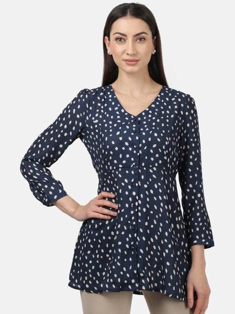 

Monte Carlo Navy Blue & Off White Printed Peplum Top