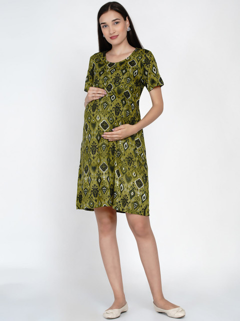 

Mine4Nine Women Olive Green Printed Maternity Dress