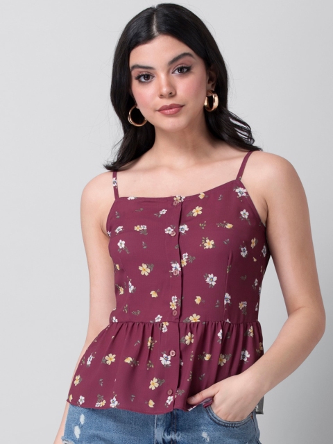 

FabAlley Maroon & Off White Floral Printed Georgette Peplum Top