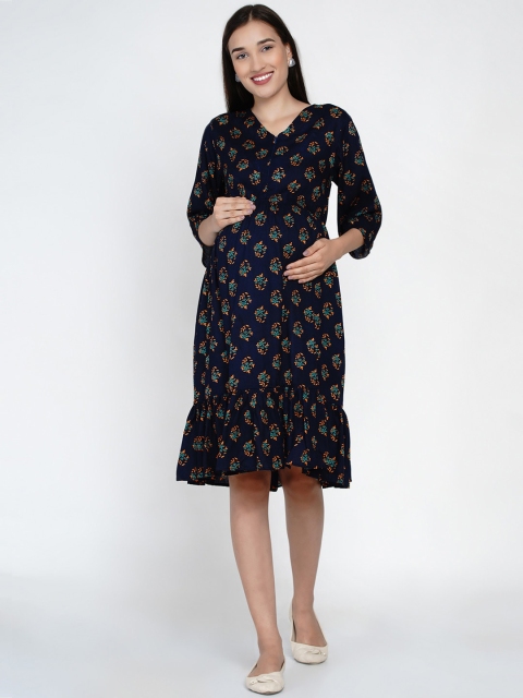 

Mine4Nine Women Navy Blue Printed Fit and Flare Maternity Dress