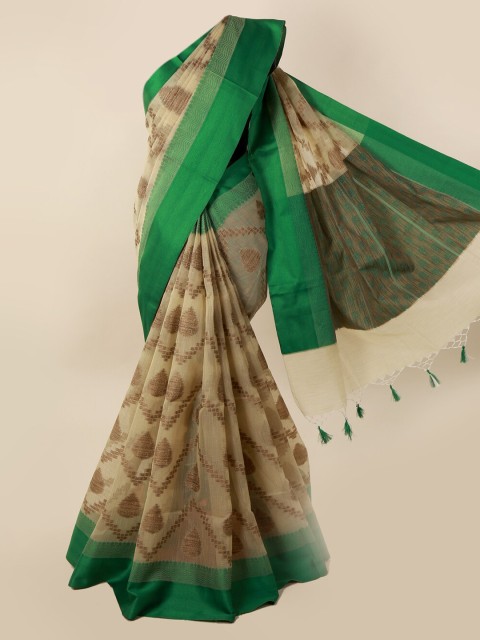 

Pothys Cream-Coloured & Green Supernet Woven Design Saree