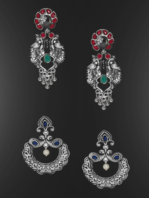 

OOMPH Set of 2 Silver-Toned Oxidised Peacock Shaped Drop Earrings