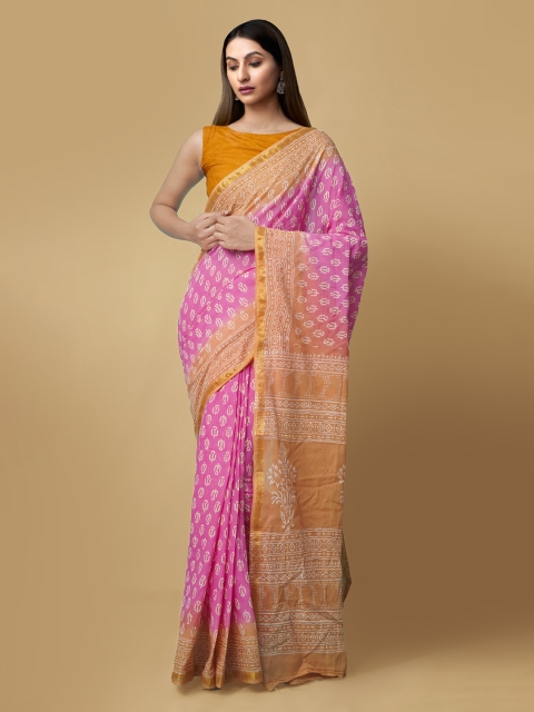 

Unnati Silks Pink & Orange Pure Cotton Printed Block Print Handloom Saree