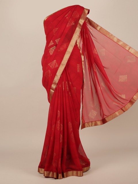 

Pothys Red Woven Design Poly Chiffon Saree
