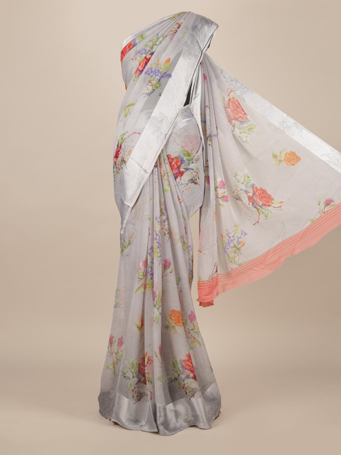 

Pothys Grey & Orange Poly Chiffon Printed Saree