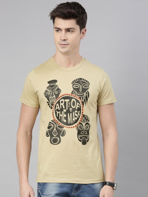 

QUANCIOUS Men Beige Printed Round Neck Organic Cotton T-shirt