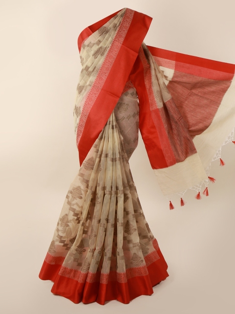 

Pothys Cream-Coloured & Red Supernet Woven Design Saree
