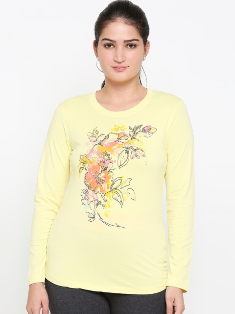 

XIN Women Yellow Printed Round Neck Cotton T-shirt