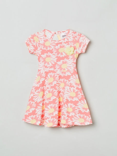 

max Girls Pink & Yellow Floral Printed Fit and Flare Cotton Dress