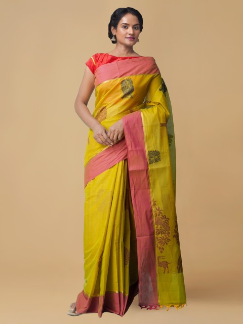 

Unnati Silks Green & Pink Pure Cotton Woven Design Uppada Saree