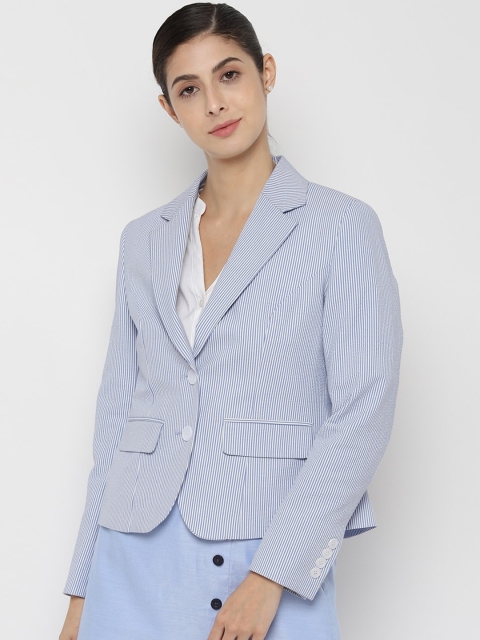 

Allen Solly Woman Women Blue & White Striped Single-Breasted Slim-Fit Blazer