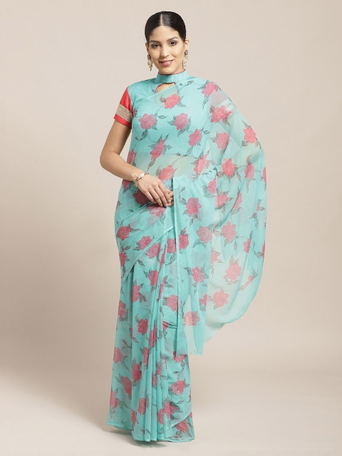

Chhabra 555 Turquoise Blue & Pink Poly Chiffon Printed Leheriya Saree