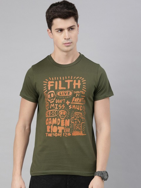 

QUANCIOUS Men Olive Green Printed Round Neck T-shirt