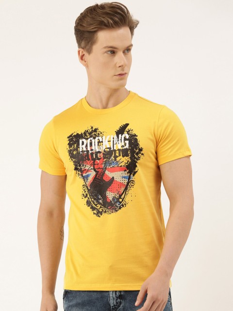 

QUANCIOUS Men Mustard Yellow & Black Printed Round Neck Organic Cotton Sustainable T-shirt