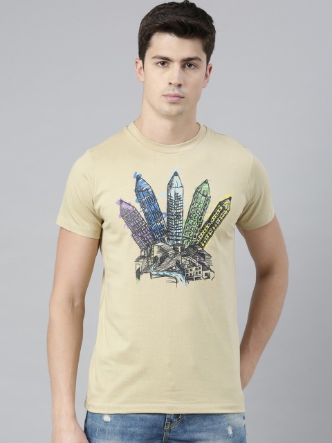 

QUANCIOUS Men Beige Printed Round Neck Sustainable T-shirt