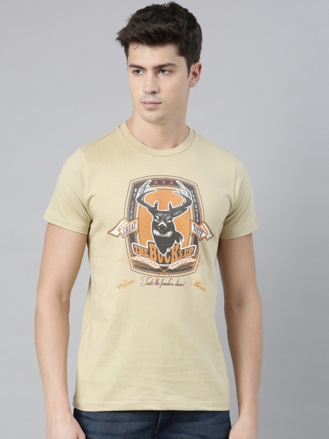 

QUANCIOUS Men Beige Printed Round Neck T-shirt