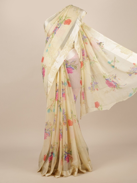 

Pothys Cream-Coloured & Pink Poly Chiffon Printed Saree