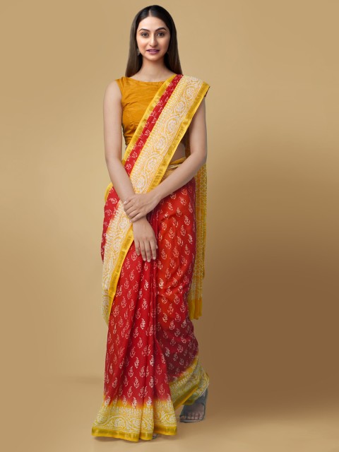 

Unnati Silks Red & Yellow Pure Cotton Printed Block Print Handloom Saree