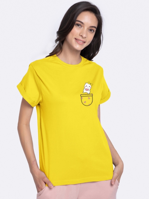 

Bewakoof Women Yellow & White Printed Loose T-shirt