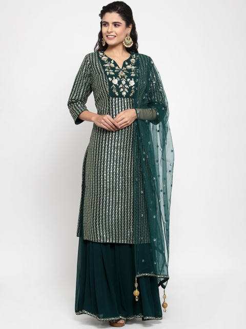 

KHALOM Women Bottle Green Embellished Suit