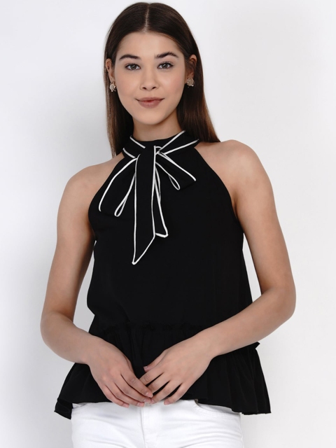 

Texco Black Tie-Up Neck Crepe A-Line Top