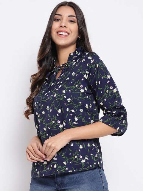 

STALK Women Navy Blue & Yellow Floral Printed Regular Top