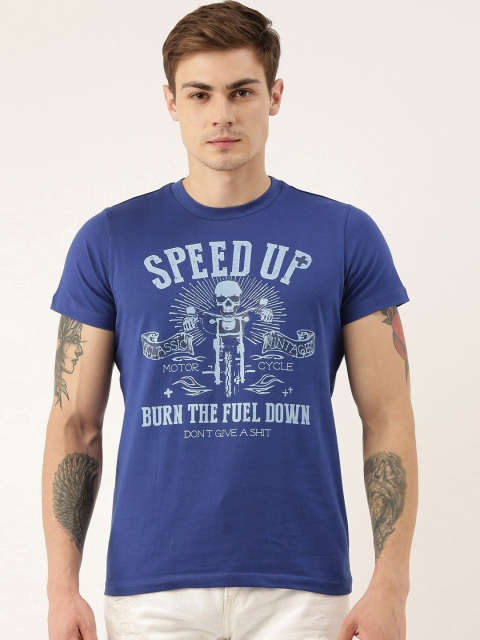 

QUANCIOUS Men Blue Printed V-Neck Organic Cotton Sustainable T-shirt