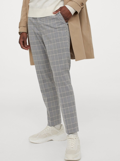 

H&M Men Grey Checked Slim Fit Cigarette Trousers