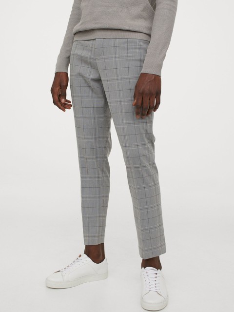 

H&M Men Grey Checked Slim Fit Cigarette Trousers