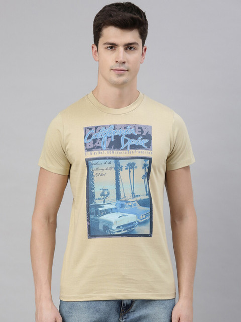 

QUANCIOUS Men Beige Printed Round Neck Sustainable T-shirt