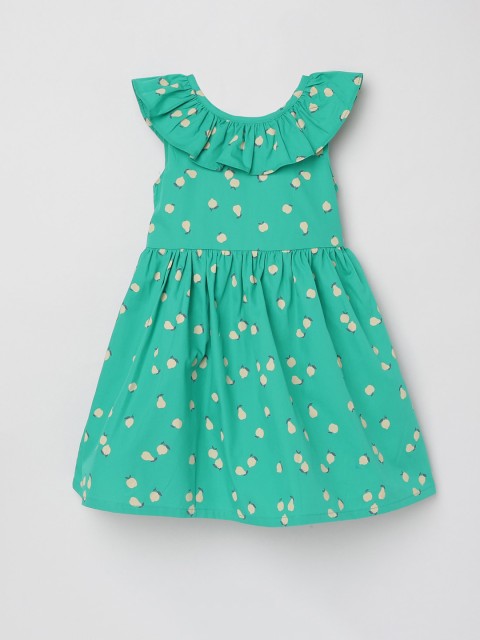

max Girls Green Printed Cotton Fit and Flare Dress