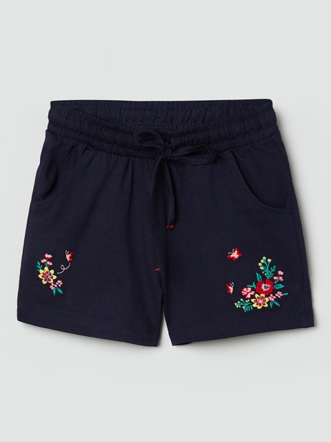 

max Girls Blue & Red Embroidered Cotton Regular Shorts