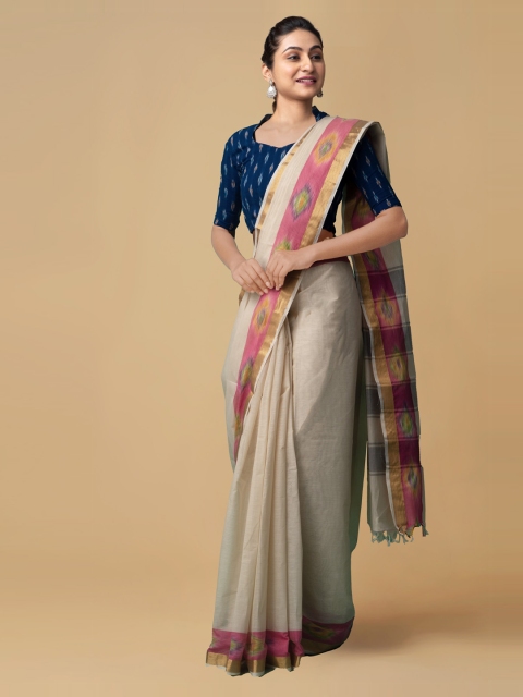 

Unnati Silks Cream-Coloured & Pink Pure Cotton Woven Design Mysore Silk Saree