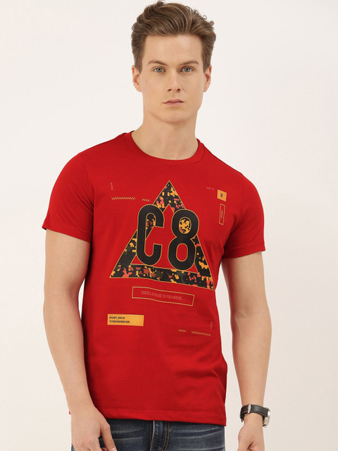 

QUANCIOUS Men Red Printed Round Neck Organic Cotton T-shirt