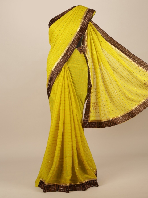 

Pothys Yellow Checked Poly Chiffon Saree