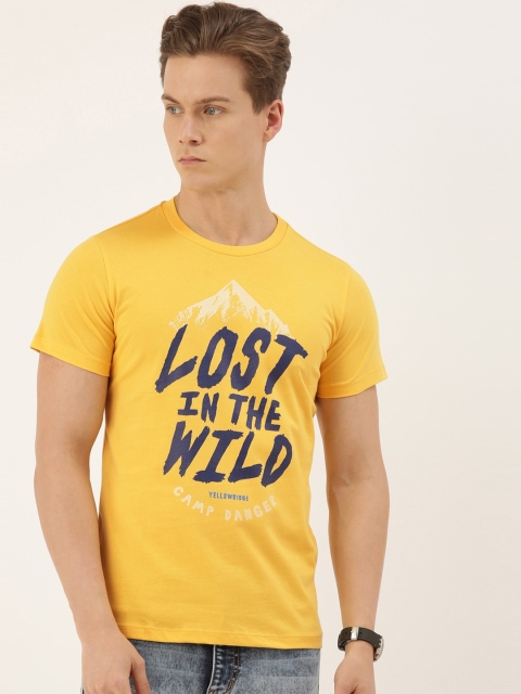 

QUANCIOUS Men Mustard Printed Round Neck T-shirt