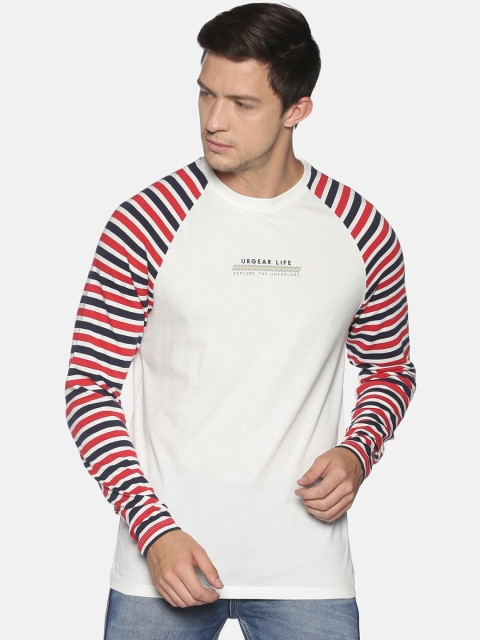 

UrGear Men White Striped Pure Cotton Round Neck T-shirt