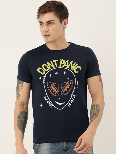 

QUANCIOUS Men Navy Blue Printed Round Neck Sustainable T-shirt