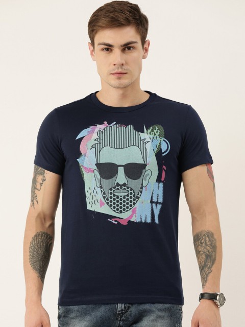 

QUANCIOUS Men Navy Blue Printed Organic Cotton Round Neck Sustainable T-shirt