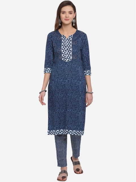 

Mirchi Fashion Women Navy Blue Printed Cotton Kurta with Trousers