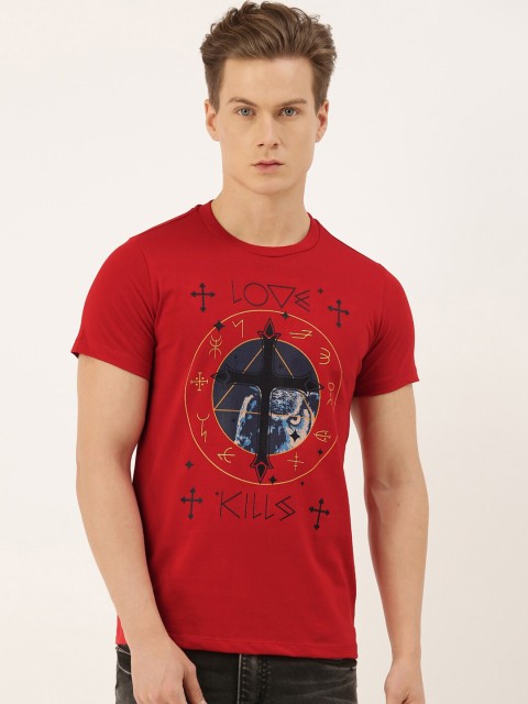 

QUANCIOUS Men Red Solid Round Neck T-shirt