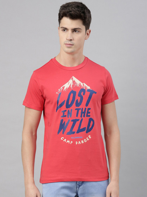 

QUANCIOUS Men Coral Red & Blue Printed Round Neck Organic Cotton Sustainable T-shirt
