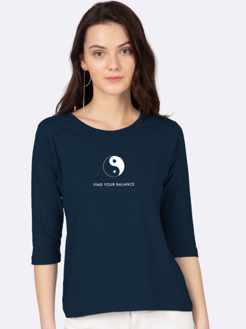 

Bewakoof Women Blue Solid Round Neck Pure Cotton T-shirt