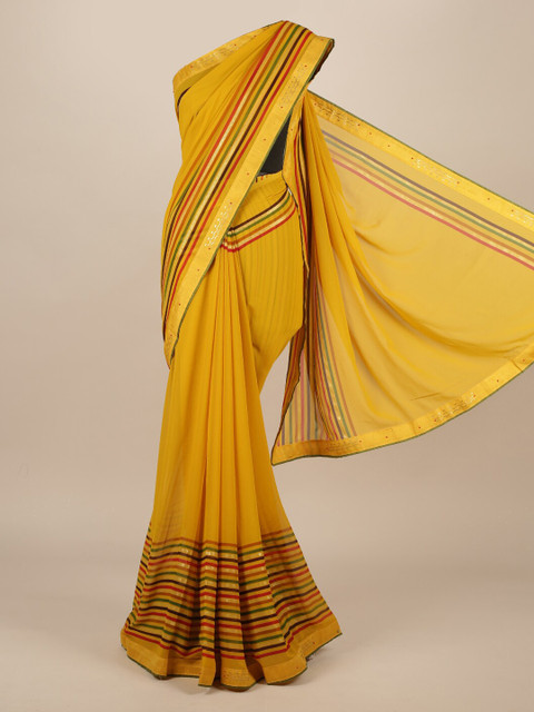 

Pothys Mustard Yellow & Red Poly Chiffon Striped Saree